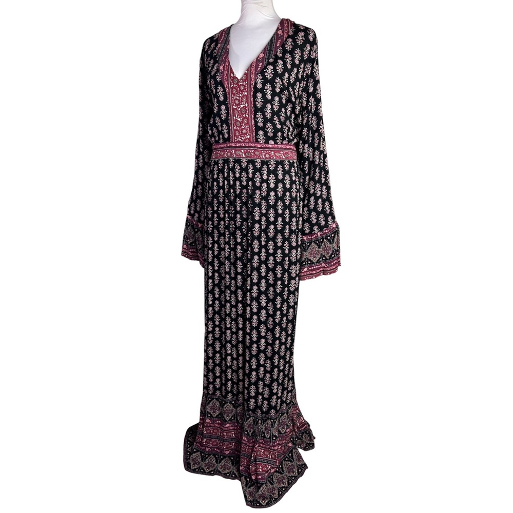 Knox Rose Maxi Dress Black Red Floral Block Print V-Neck  Long Sleeve Boho